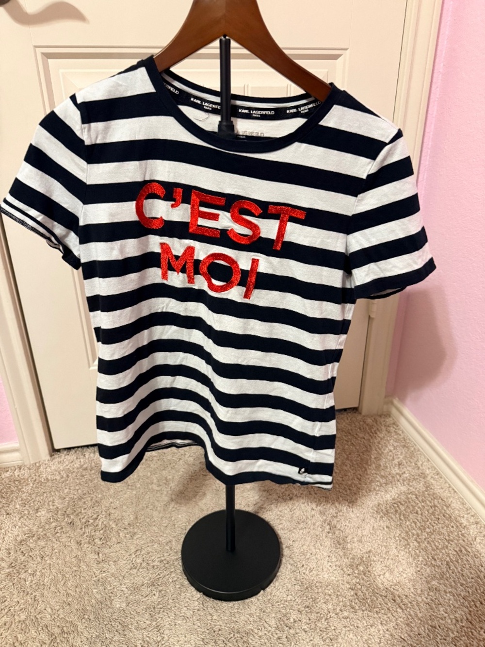 Karl Lagerfeld Paris Women's Stripe Print Crew Neck Short Sleeves Tee, Size S